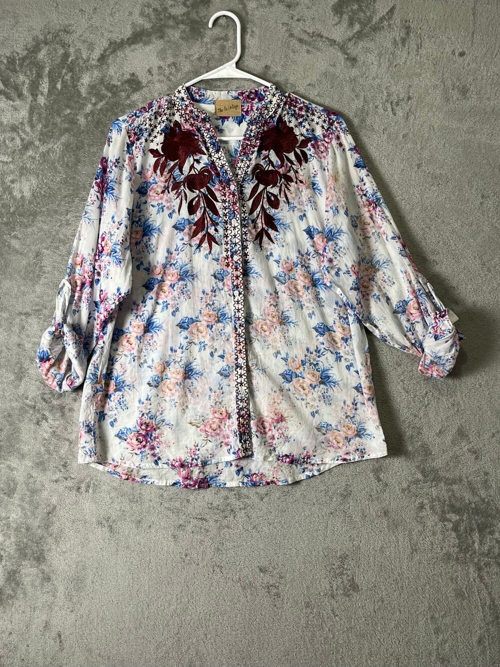 The Nu Vintage Floral Embroidered Cotton Boho Tunic Blouse Roll Tab Sleeve M